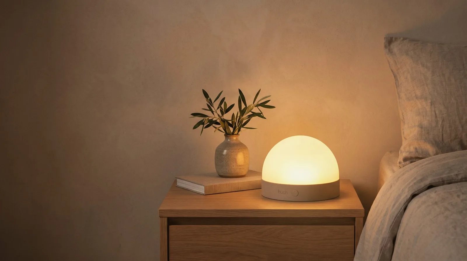 Hush bedside light glowing on an oak nightstand