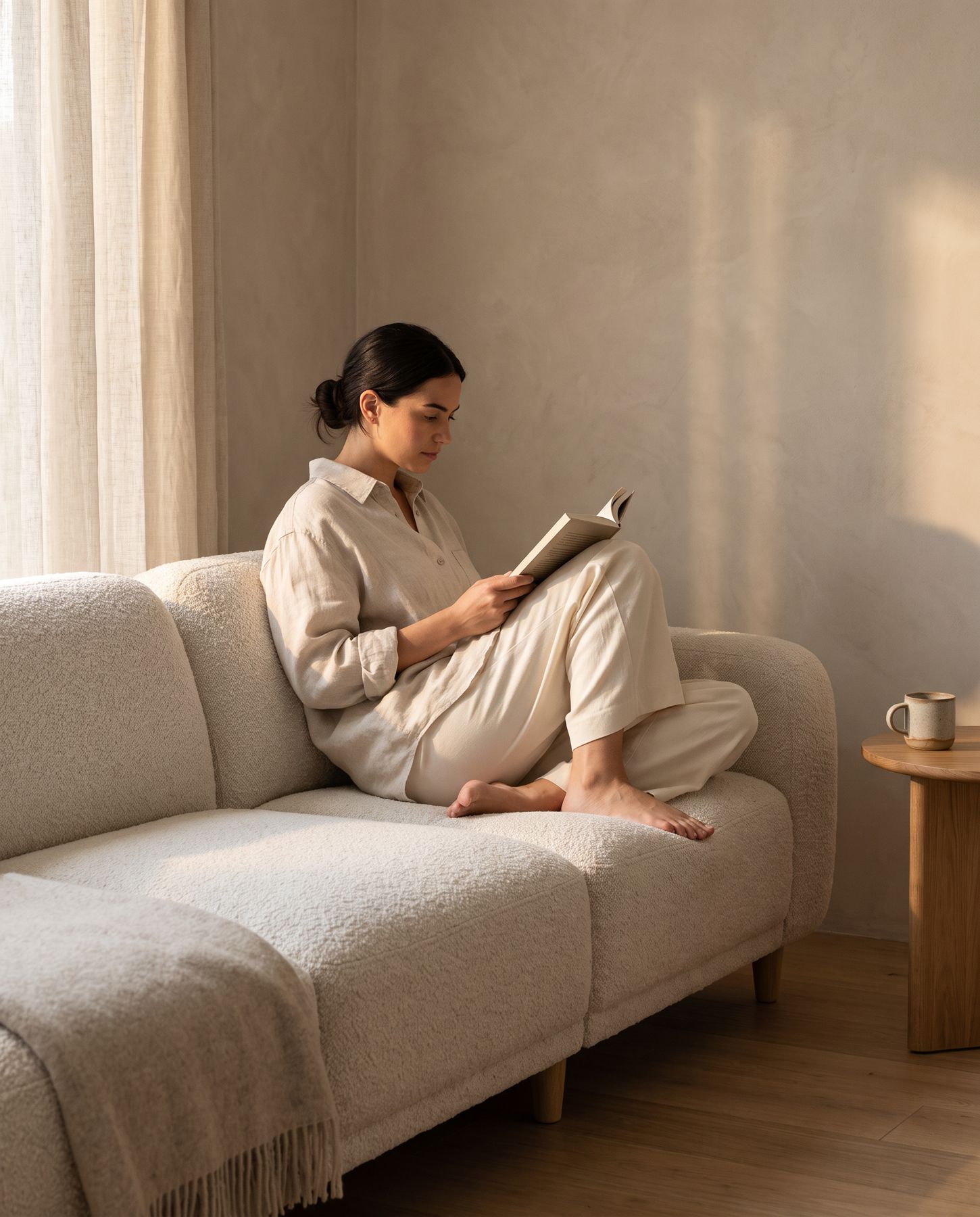 Woman reading curled in the corner of the sofa in golden light