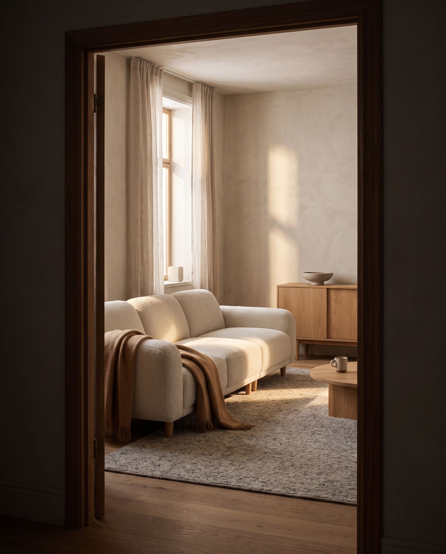 Sofa seen through a dark doorway into a sunlit room