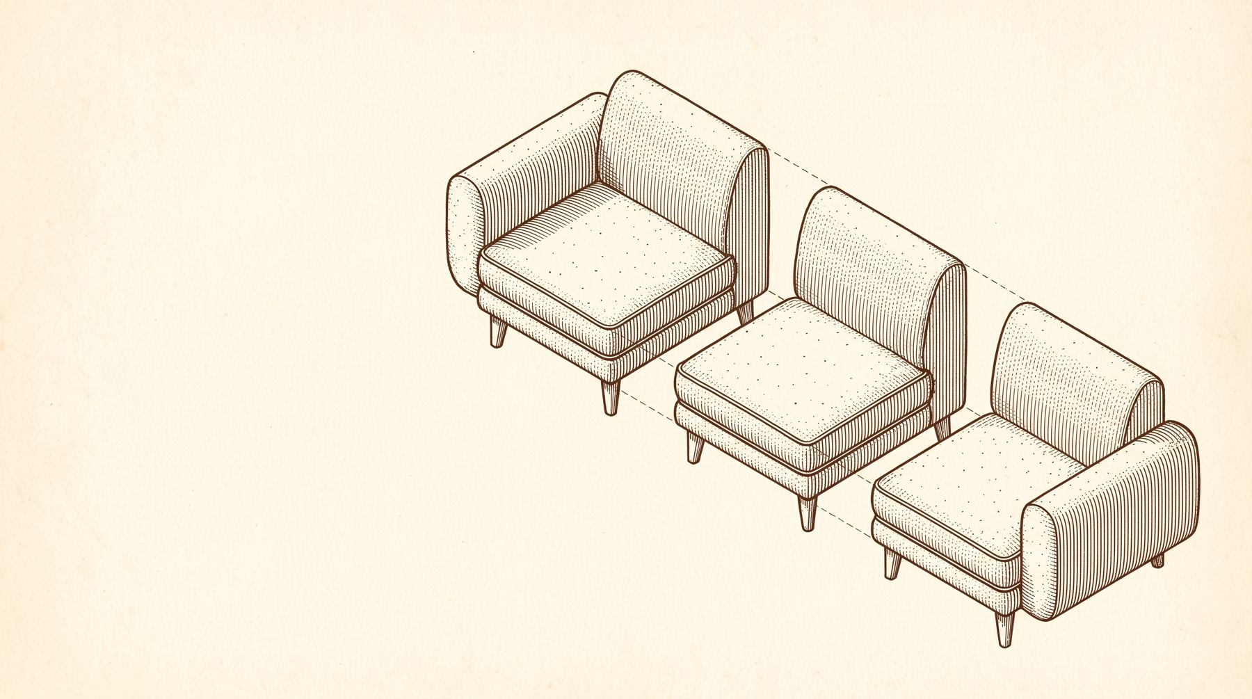 Engraved line drawing of three sofa modules in exploded axonometric view