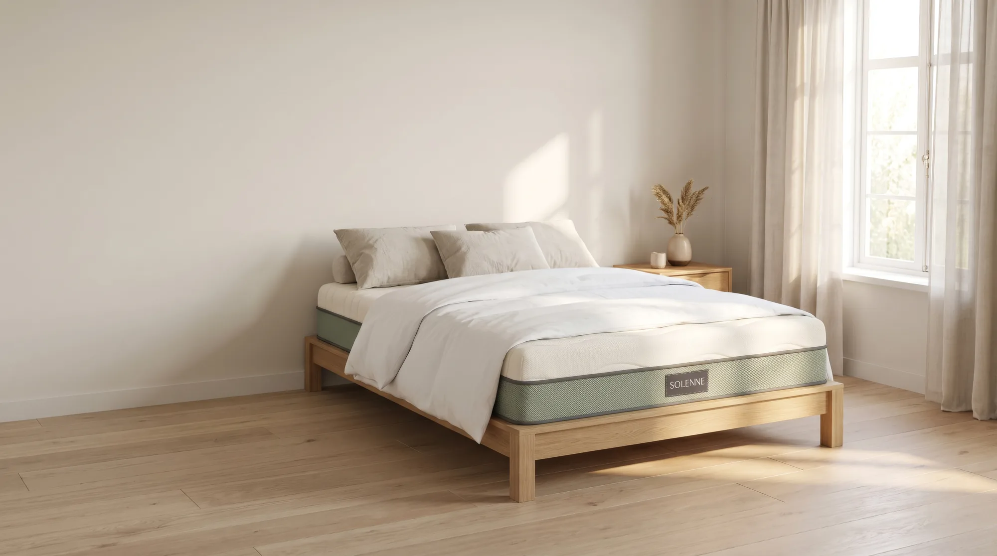 Solenne mattress on a light-oak frame in a bright Scandinavian bedroom, duvet folded back to show the sage border band and SOLENNE label
