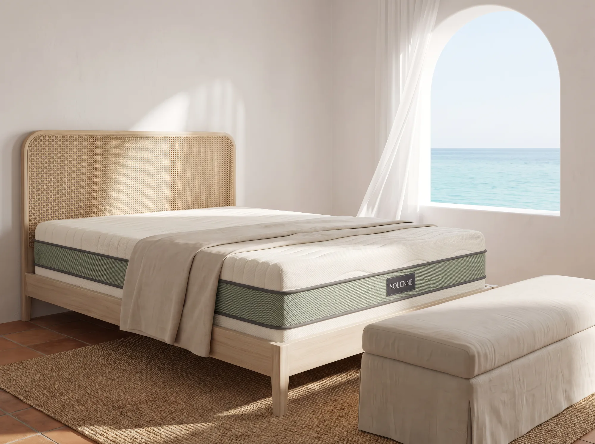 Mediterranean bedroom with arched window over the sea