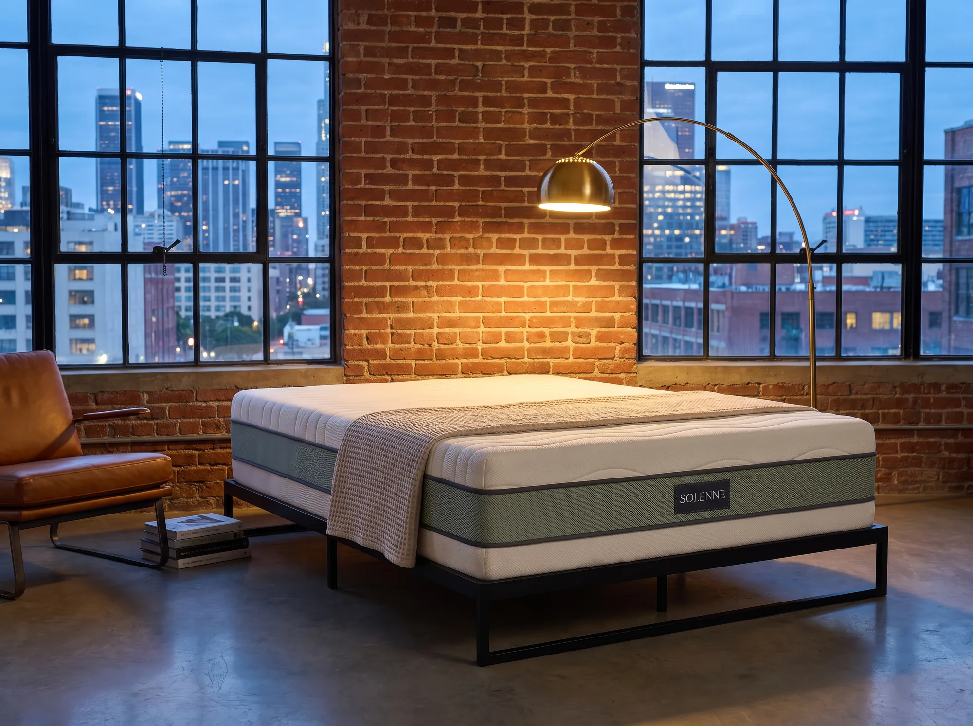 Industrial loft with brick wall and city skyline at blue hour