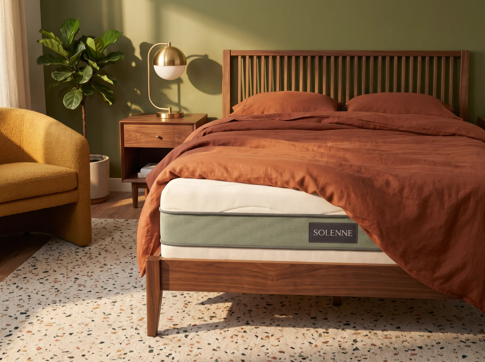 Mid-century bedroom with walnut bed, olive wall and rust bedding