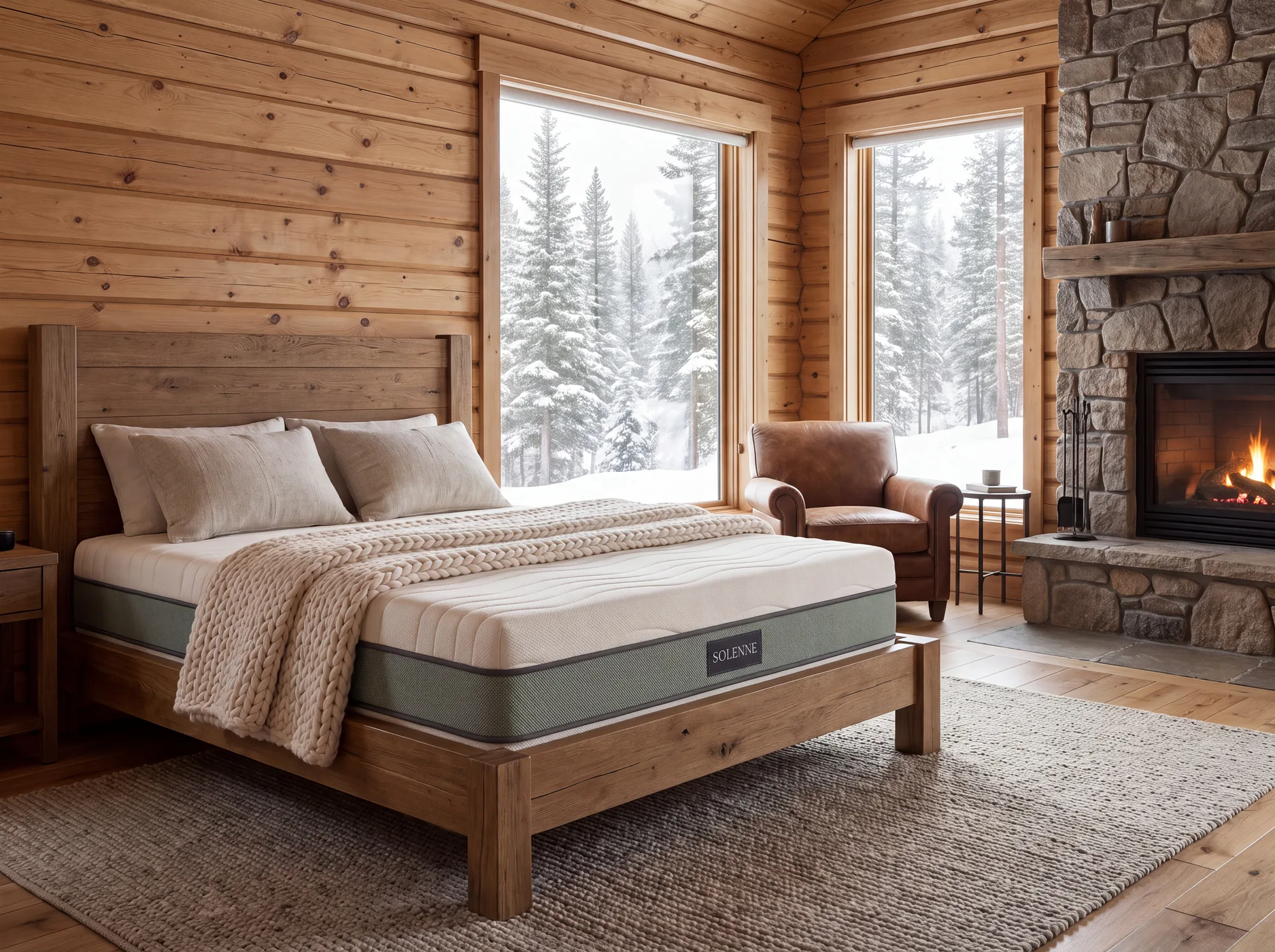 Alpine timber cabin with snowy forest and stone fireplace