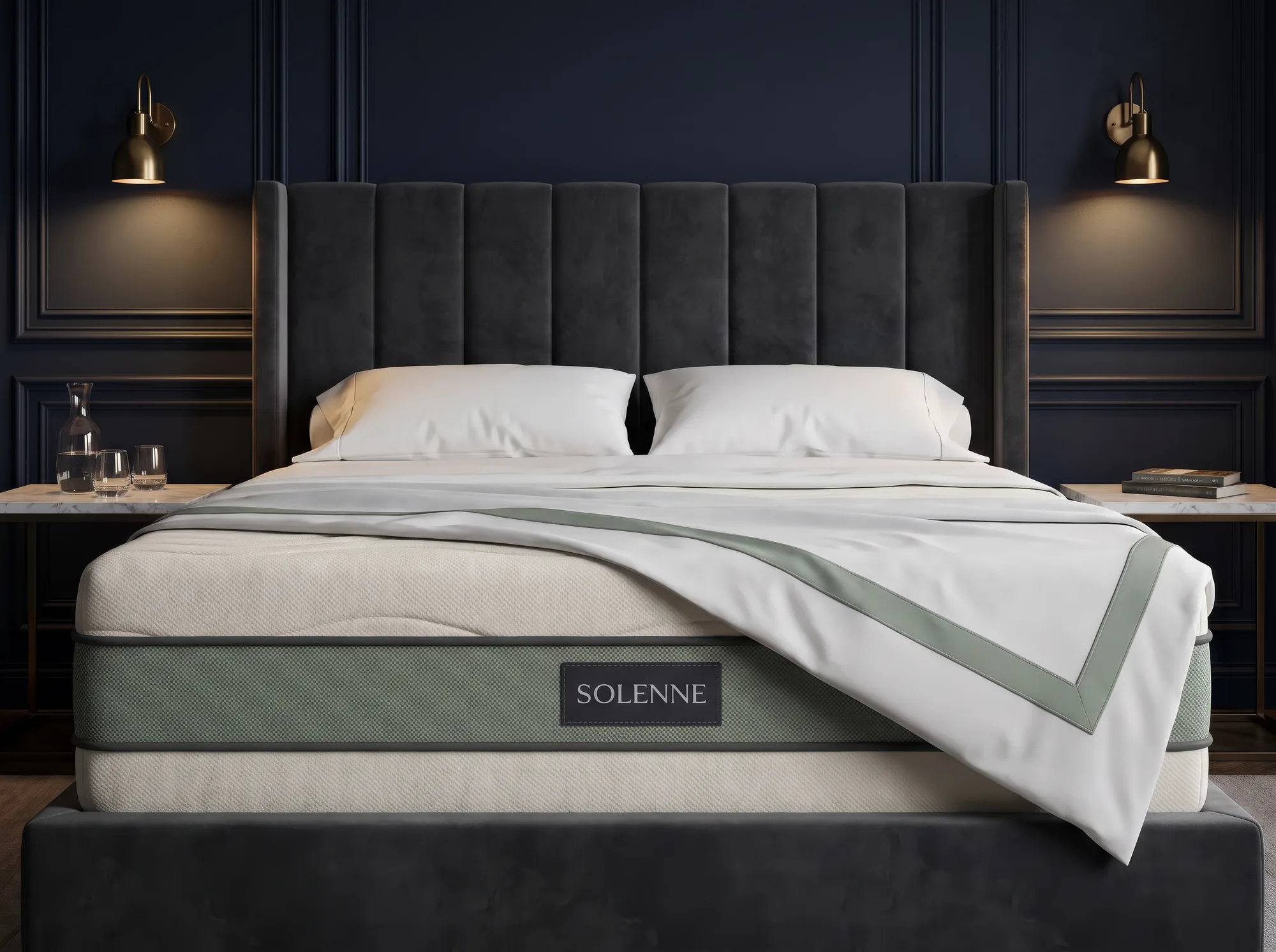 Navy-panelled luxury hotel suite with velvet headboard and brass sconces