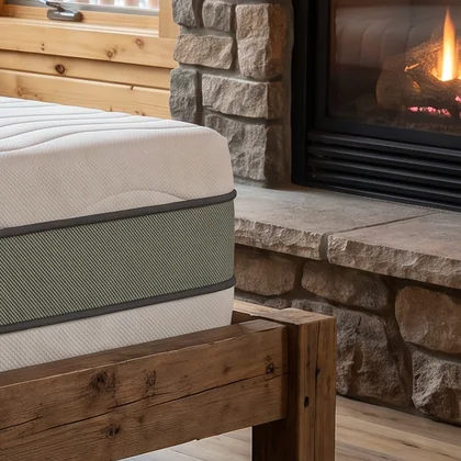 Close-up: mattress edge almost touching the stone hearth