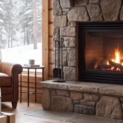 Close-up: fireplace across the room with armchair between